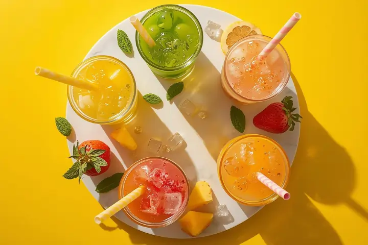 Five creative lemon boba bubble tea variations including matcha, strawberry, sparkling, tropical and classic lemon drinks with popping boba pearls